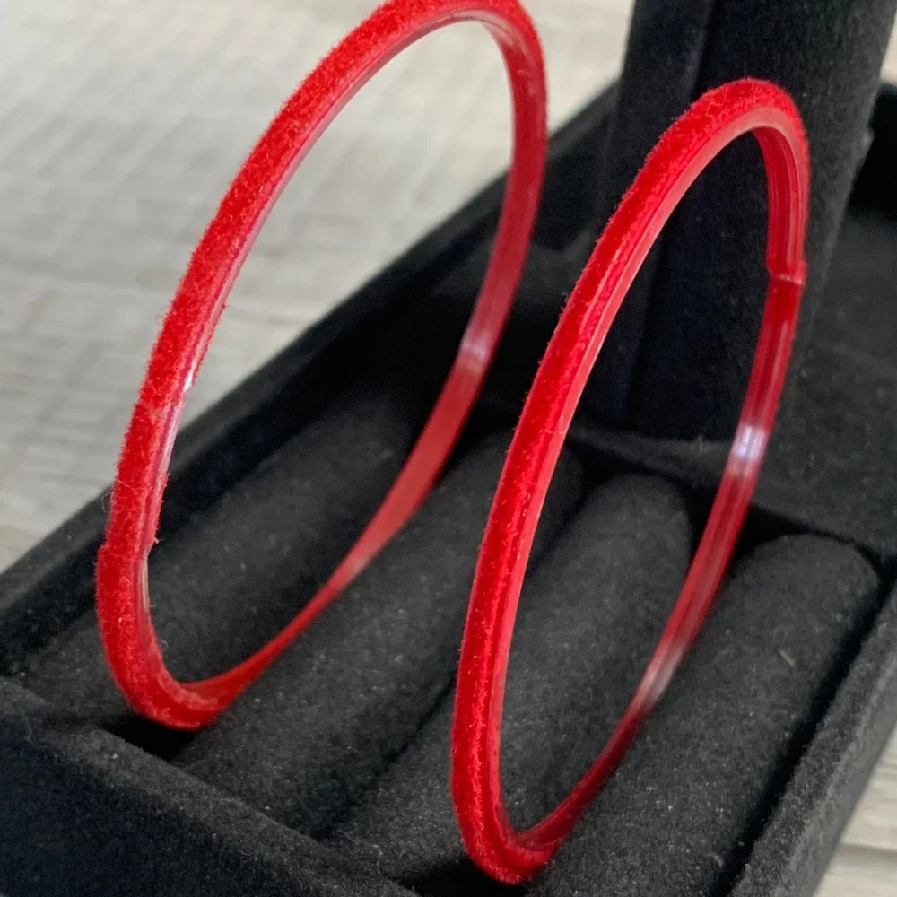 Red Flocked Velvet Bangle Bracelet Set 2 Piece Stackable Acrylic 8 Inch
